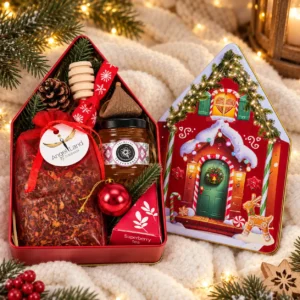 Angel Land Christmas Tea House – Her Edition – Karácsonyi teás-mézes ajándékcsomag házikó fémdobozban