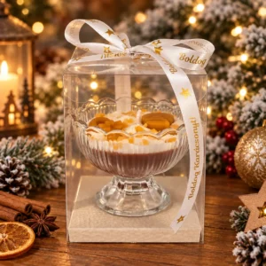 Cinnamon Christmas – Fahéjas desszertgyertya üvegkehelyben, díszdobozban