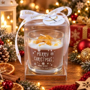 Gingerbread Christmas – Fahéjas desszertgyertya mézeskalács dekorral, díszdobozban