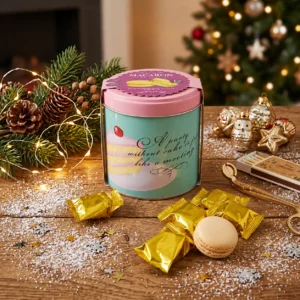 Pastel Macaron Moments – Eper- és vaníliaízű, töltött macaron stílusú keksz fémdobozban 75 g