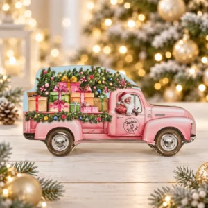 Santa’s Pink Delivery – Karácsonyi csokoládépraliné rózsaszín autós fémdobozban 150 g